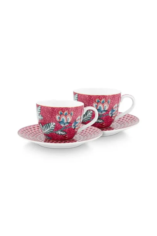 Lot De 2 Tasses Et Soucoupes A Expresso Flower Festival Rose Fonce