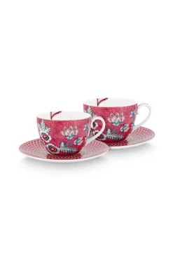 Lot De 2 Tasses Et Soucoupes A Cappuccino Flower Festival Rose Fonce