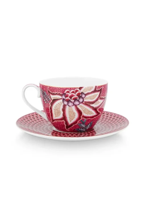 Lot De 2 Tasses Et Soucoupes A Cappuccino Flower Festival Rose Fonce